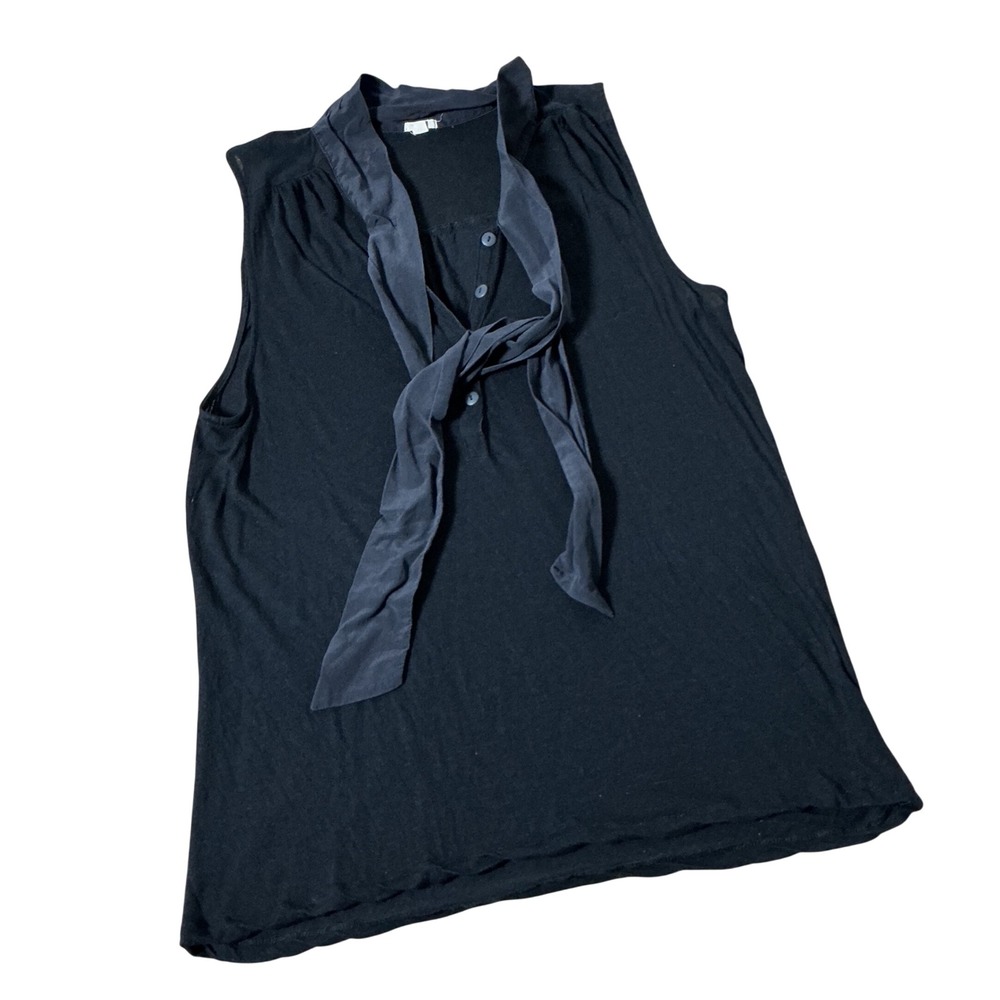 J.Crew Silk Trim Tie Neck Sleeveless Blouse Womens L Black Viscose Linen 62044